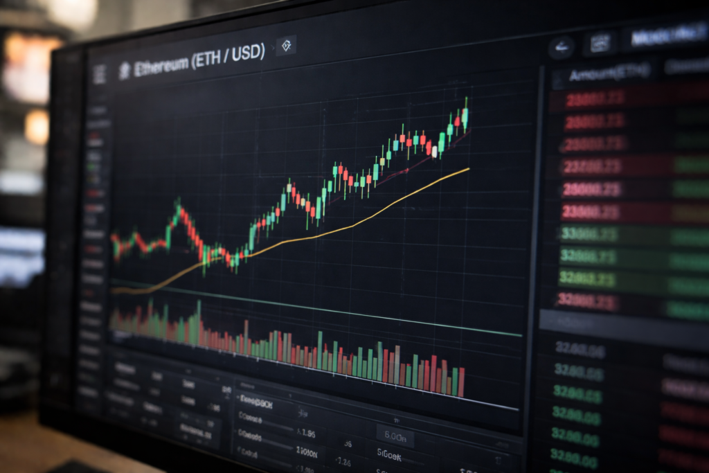 Ethereum price analysis: ETH tests local bottom amid a possible trend reversal A computer monitor displaying an Ethereum (ETH/USD) candlestick price chart with rising trend lines and trading volume bars on a cryptocurrency trading interface.